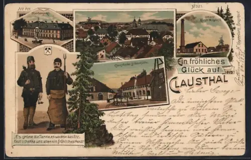 Lithographie Clausthal, Bergbau, Kohlenschacht Kaiser Wilhelm II., Silberhütte, Oberbergamt und zwei Bergarbeiter