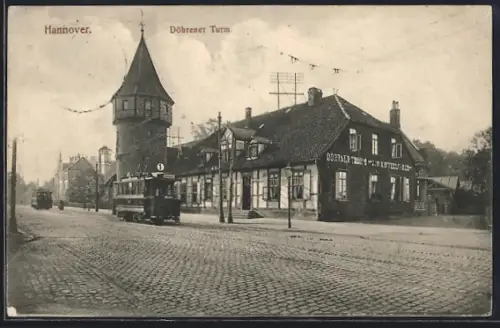 AK Hannover, Gasthof Döhrener Turm, Strassenbahn