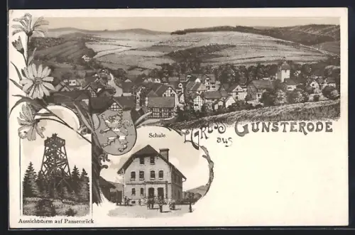 Lithographie Günsterode, Aussichtsturm auf Pansersrück, Schule, Ortsansicht