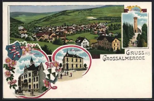 Lithographie Grossalmerode, Rathaus, Postamt, Gesamtansicht mit Umgebung aus der Vogelschau