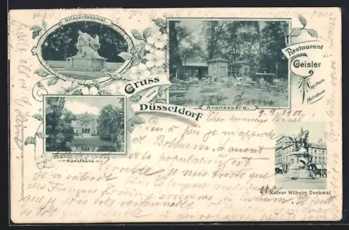 AK Düsseldorf, Kriegerdenkmal, Kunsthalle, Ananasberg, Kaiser Wilhelm Denkmal