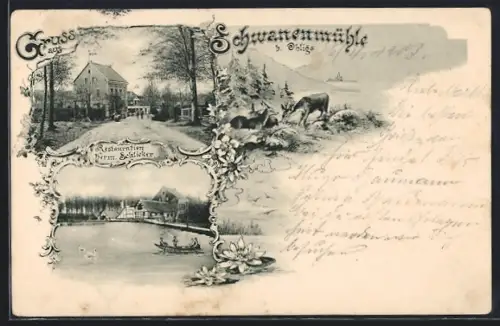 AK Ohligs, Restauration Schwanenmühle, Teichansicht