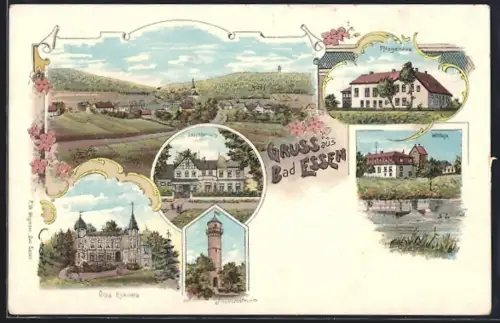 Lithographie Bad Essen, Pflegehaus, Leuchtenburg, Villa Rickmers, Aussichtsturm