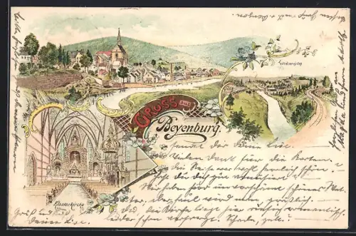 Lithographie Beyenburg, Ortsansicht aus der Vogelschau und Blick in die Klosterkirche