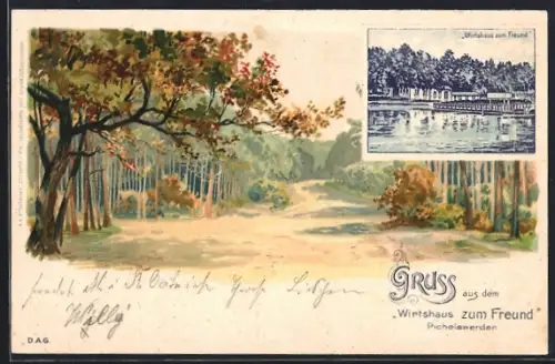 Lithographie Berlin-Pichelswerder, Gasthaus Zum Freund, Waldpartie