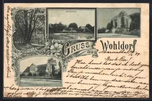 AK Hamburg-Wohldorf, J. F. Koops Pensionat, Karpfenteich, Mausoleum