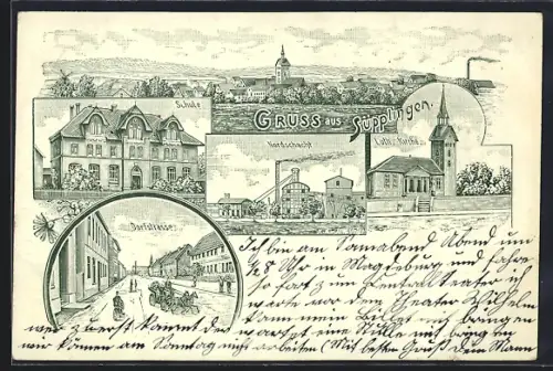 Lithographie Süpplingen, Schule, Dorfstrasse, Nordschacht und Luth. Kirche