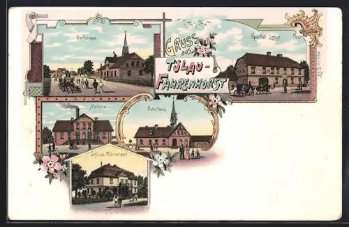 Lithographie Tülau-Fahrenhorst, Dorfstrasse, Gasthof Lange, Molkerei, Schulhaus, Schloss Fahrenhorst