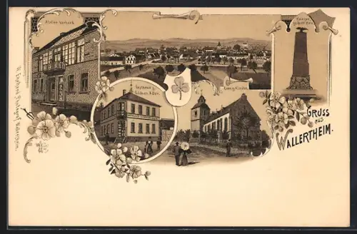 Lithographie Wallertheim / Rheinhessen, Gasthaus zum Goldnen Adler, Evang. Kirche, Atelier Erhard
