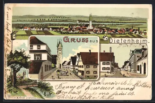 Lithographie Dietenheim, Totale und zwei Ortspartien