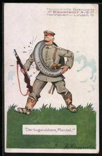 AK Reklame für Hannoversche Gummiwerke Excelsior A.G., Soldat mit einem Reifen