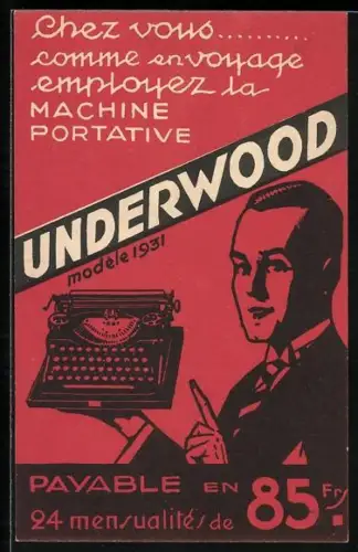 AK Reklame für Schreibmaschine Underwood modèle 1931