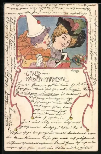 Künstler-AK T. Welzl: Kölner Karneval, Harlekin, Jugendstil