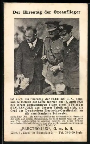 AK Ehrentag der Ozeanflieger, Reklame für Electrolux-Staubsauger