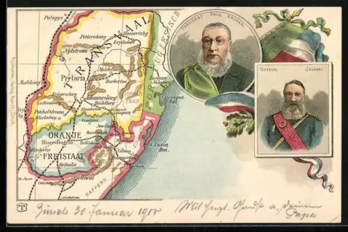 AK Präsident Paul Krüger, General Joubert, Karte von Transvaal und Oranje Freistaat, Burenkrieg