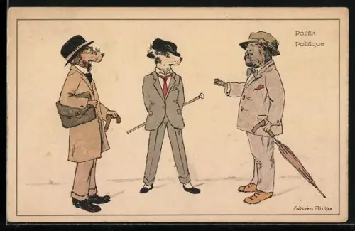 Künstler-AK sign. Félicien Philipp: Vermenschlichte Hunde im Gespräch