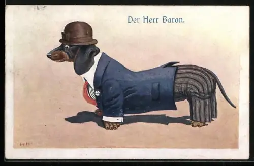 Künstler-AK Hans Hanke: Der Herr Baron, Dackel in feinen Kleidern