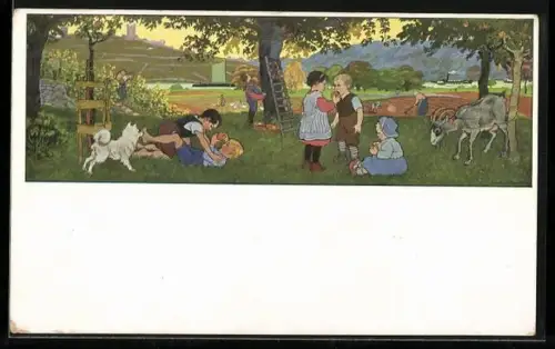 Künstler-AK Gertrud Caspari: Herbstfreude, Kinder tollen auf einer Wiese