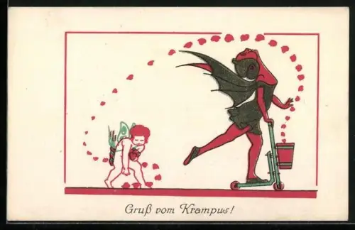 AK weiblicher Krampus fährt mit dem Roller und verstreut dabei Herzen, Amor