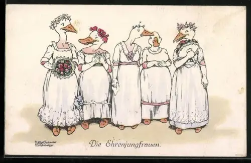 Künstler-AK sign. Käthe Olshauser Schönberger: Vermenschlichte Gänse als Ehrenjungfrauen