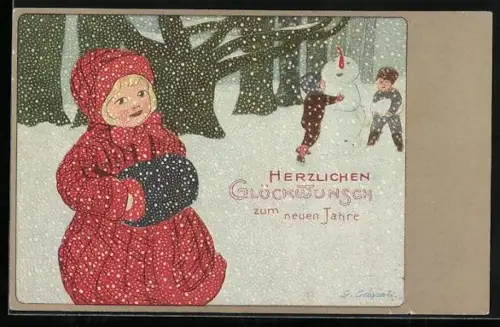 Künstler-AK Gertrud Caspari: Kinder beim Bauen eines Schneemanns, Mädchen mit Muff