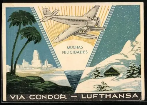 AK Flugzeug von Condor-Lufthansa, Muchas Felicidades, Tourismus
