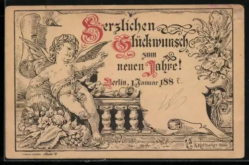 Künstler-AK Berlin, 1894, Engel mit Glückwunsch zum neuen Jahre, Ganzsache der Privaten Stadtpost, früher Druck