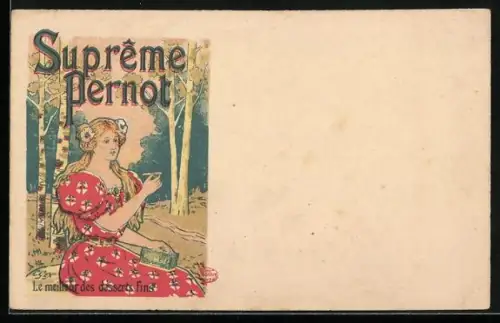 Künstler-AK Reklame für Suprême Pernot, Le meilleur des desserts fins, Junge Frau mit Keksdose, Jugendstil