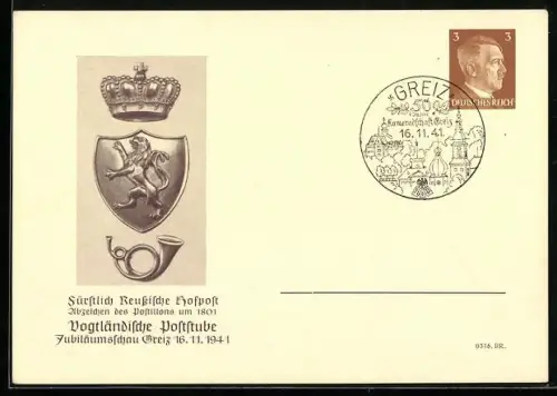 AK Ganzsache PP152 C3 /01: Greiz, Vogtländische Poststube, Fürstlich Reussische Hofpost, Abzeichen des Postillons um 1801