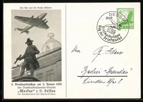 AK Dessau, 2. Briefmarkenschau des Briefmarkensammler-Vereins Merkus 1938, Junkers, Der Alte und der Grosse Dessauer