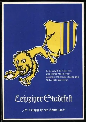 AK Leipzig, Leipziger Stadtfest 1939, Löwe springt vom Wappen, In Leipzig ist der Löwe los..., Ganzsache