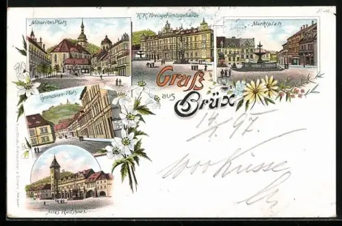 Lithographie Brüx / Most, Minoritenplatz, Gymnasium-Platz, Kreisgerichtsgebäude