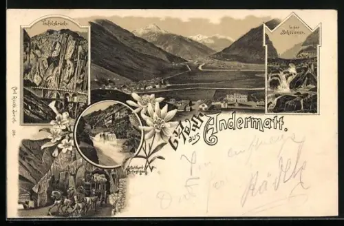 Lithographie Andermatt, Teufelsbrücke, Gesamtansicht, In den Schöllenen, Urnerjoch mit Postkutsche, St. Gotthard Feste