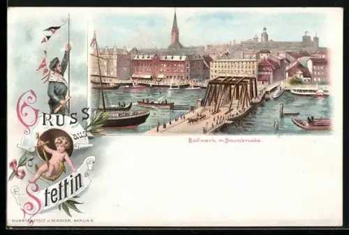 Lithographie Stettin, Bollwerk m. Baumbrücke