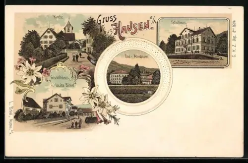 Lithographie Hausen am Albis, Geschäftshaus von Louisa Bickel, Schulhaus, Bad Albisbrunn