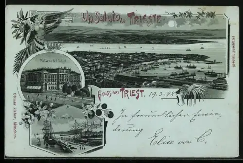 Mondschein-Lithographie Trieste, Palazzo del Lloyd, Molo San Carlo