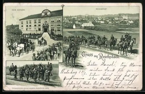 Lithographie Reichenberg / Liberec, Panorama, Kaise. Schloss und Kaisermanöver 1899