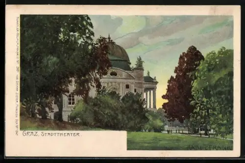 Künstler-Lithographie Raoul Frank: Graz, Partie am Stadttheater