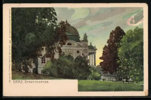 Künstler-Lithographie Raoul Frank: Graz, Partie am Stadttheater
