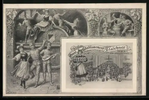 Künstler-AK Wien, Hotel-Restaurant Stalehner, Jörgerstrasse 22