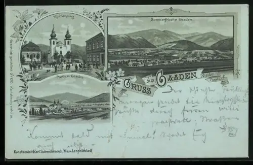 Mondschein-Lithographie Gaaden /Nieder-Oesterr., Kirchenplatz, Ortsansicht aus der Vogelschau