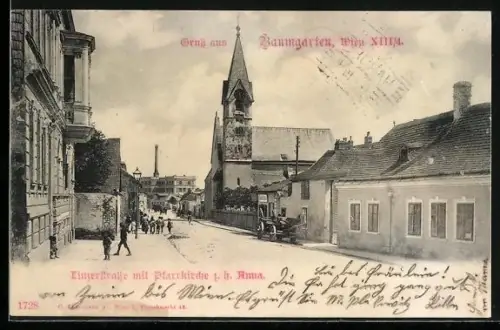 AK Wien-Baumgarten, Linzerstrasse mit Pfarrkirche zur heiligen Anna