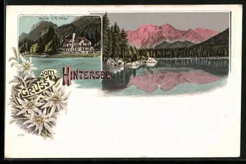 Lithographie Hintersee / Berchtesgaden, Gasthof und Post Pension Wartstein v. I. R. Weiss