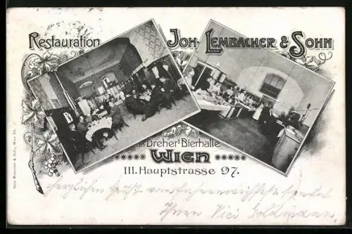 AK Wien, Dreher`s Bierhalle, Hauptstrasse 97, Restauration Joh. Lembacher & Sohn