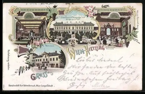 Lithographie Wien-Hietzing, Altdeutsche Weinstube, Wohnhaus, Hotel Hietzinger Hof