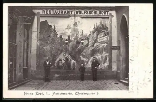 AK Wien, Restaurant Wolfsschlucht v. Franz Köpf, Fleischmarkt, Wolfengasse 3
