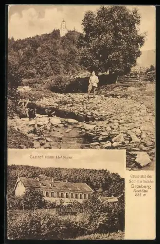 AK St. Bernhard-Frauenhofen, Grünberg, Gasthof Hans Hofbauer, Mann am Fluss