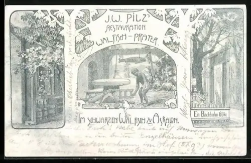 Künstler-AK Wien, Prater, Restaurant Walfisch, Bes. J. W. Pilz, Im schwarzen Walfisch zu Askalon