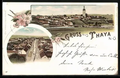 Lithographie Thaya, Ortsansicht von oben, Oberer Markt, Blumen, Strassenpartie