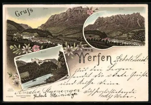 Lithographie Werfen, Veste & zwei Ortsansichten